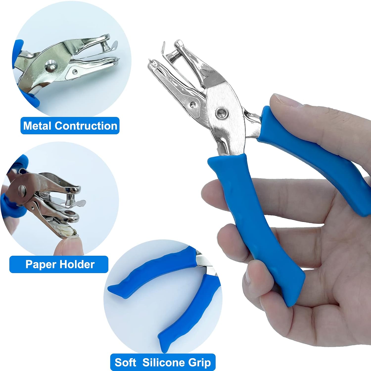 Single Hole Punch 1/4 Paper Hole Puncher for Crafts. One Hole Puncher with Blue Soft Grip Handle for Kids and Adults. Handheld Circle Punch for Paper Crafts in Home. Office. Classroom - Image 3