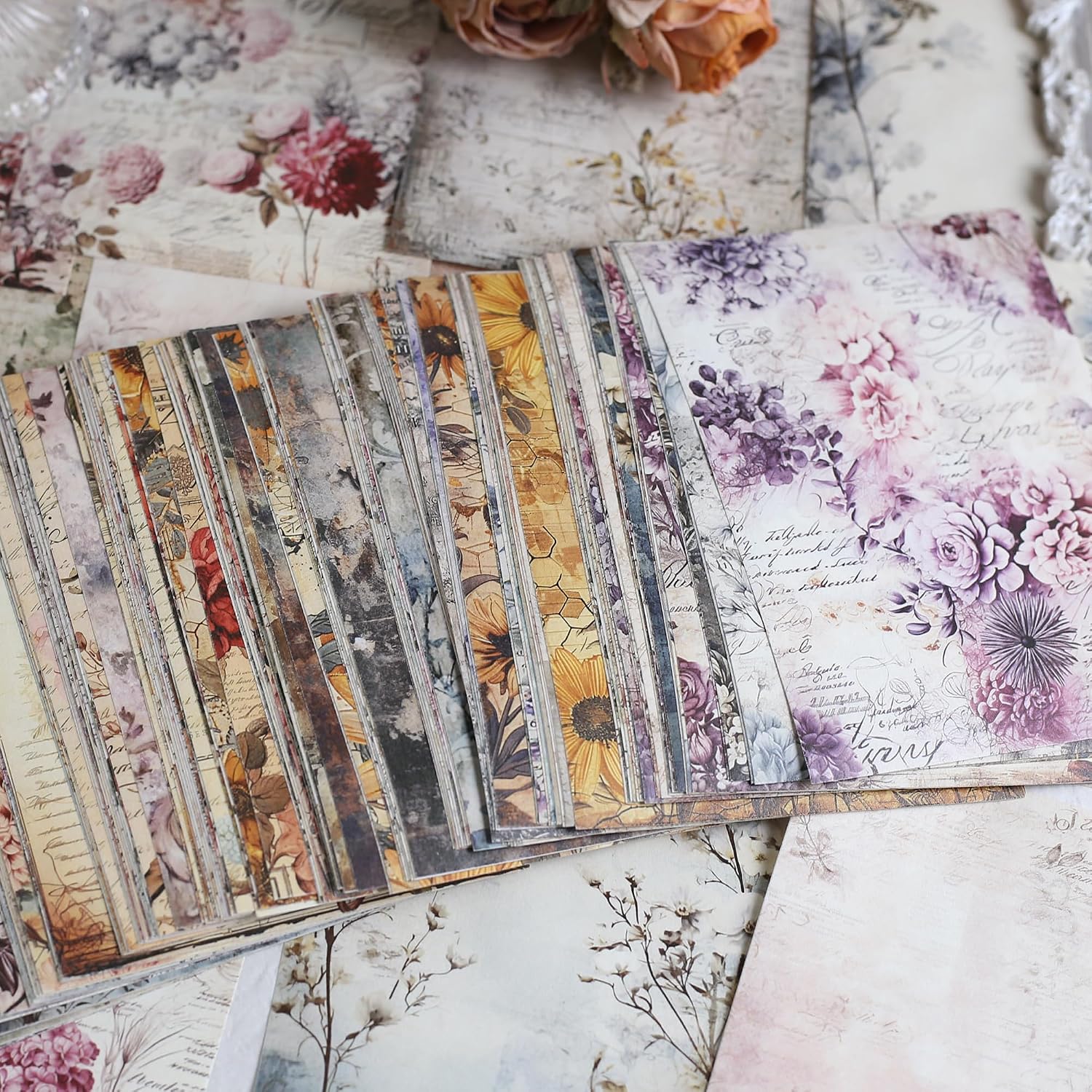 160 Sheets Vintage Flower Scrapbook Paper. Junk Journal Supplies. Purple Pink Flowers with Cursive Script No Repeating Perfect for Junk Journal DIY Cards Craft Albums Scrapbooking Supplies (Purple) - Image 7