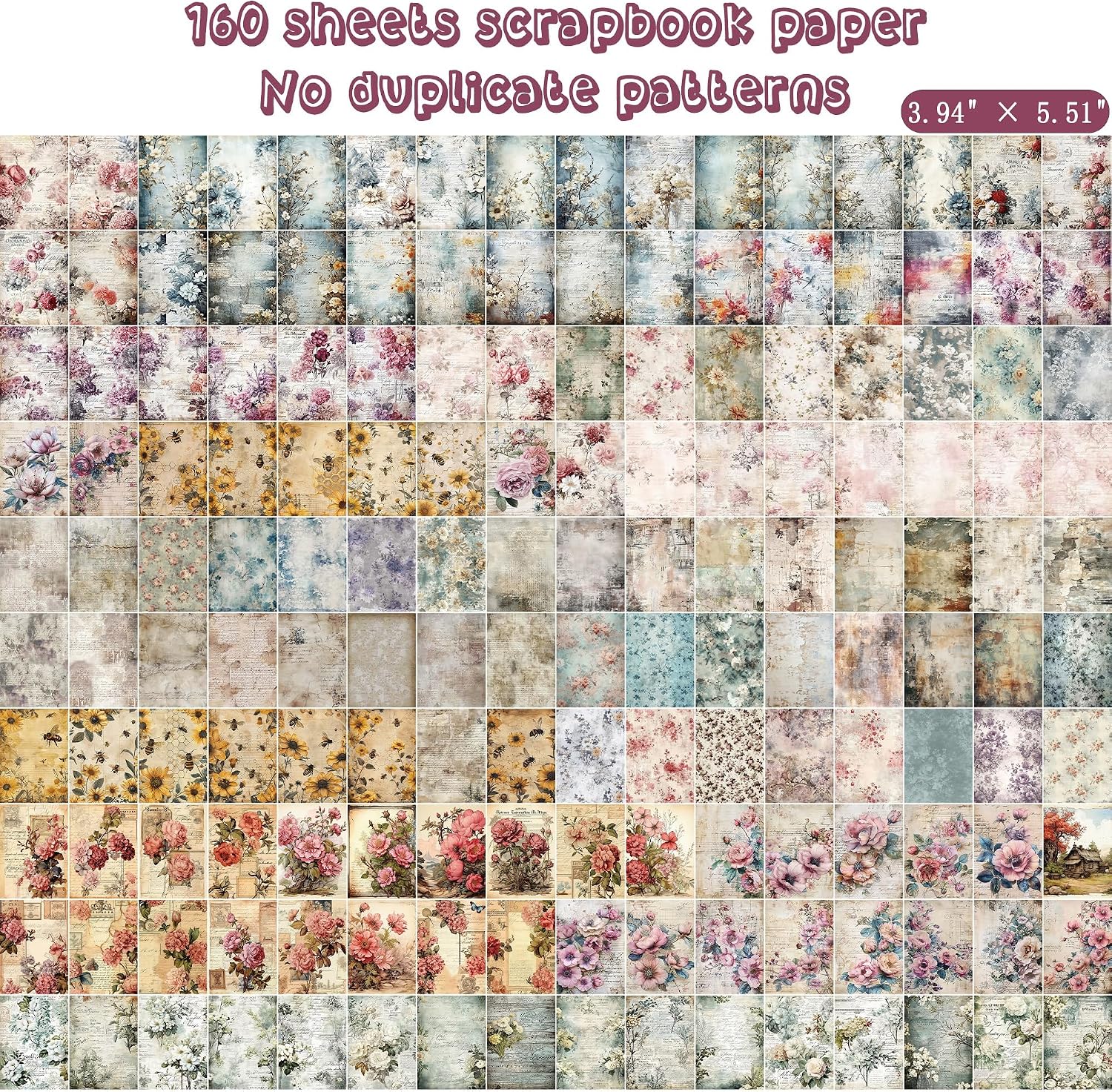 160 Sheets Vintage Flower Scrapbook Paper. Junk Journal Supplies. Purple Pink Flowers with Cursive Script No Repeating Perfect for Junk Journal DIY Cards Craft Albums Scrapbooking Supplies (Purple) - Image 2